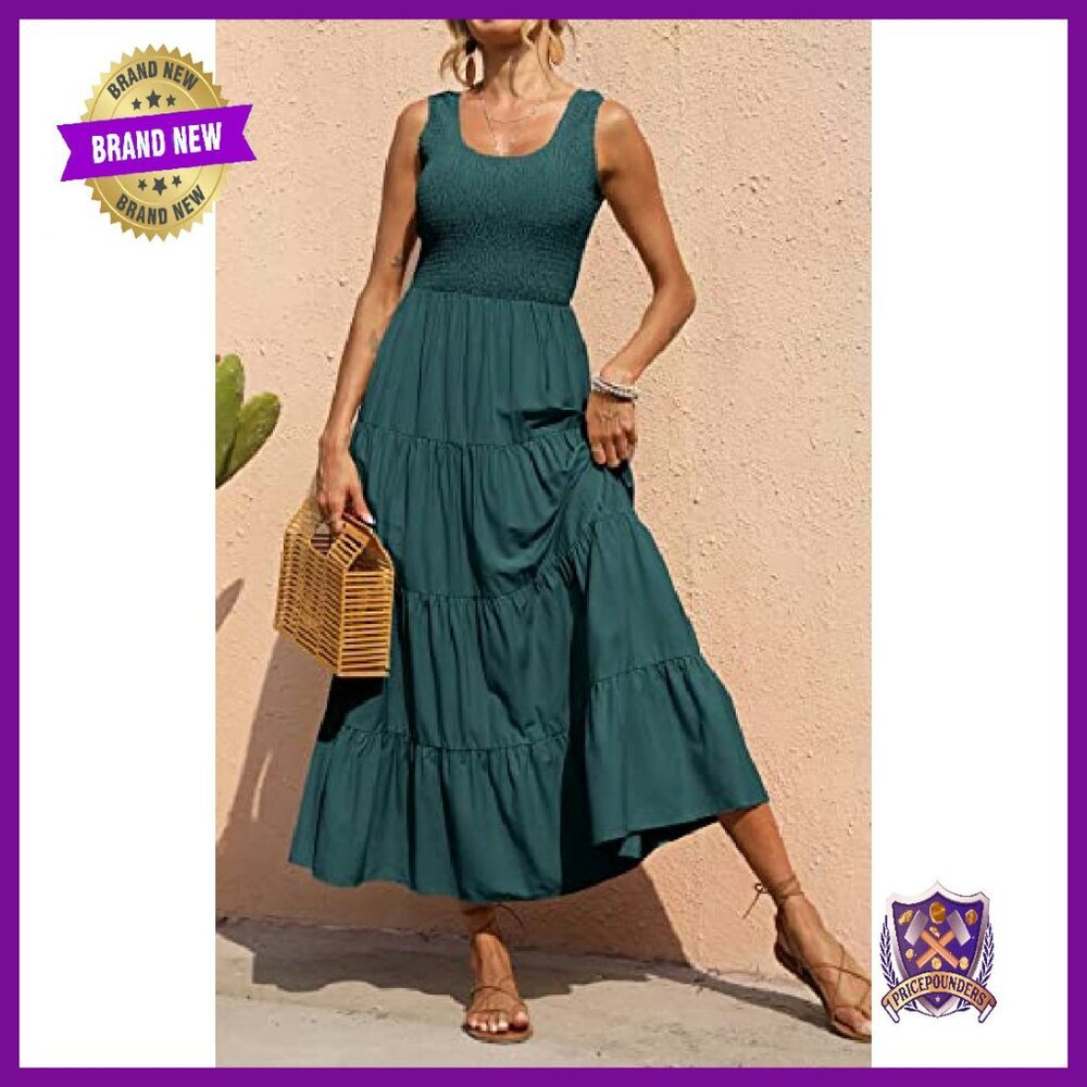 Smocked Tank Maxi Dress Tiered Long Sleeveless Spring Beach Casual - Picture 5 of 8